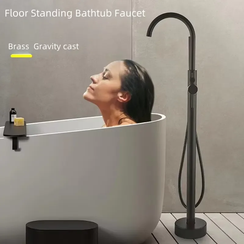 Hot Selling OEM Floor Mounted Brass Bathroom Faucets Tap Wholesale Hotel Project Black Freestanding Bath Tap view 6