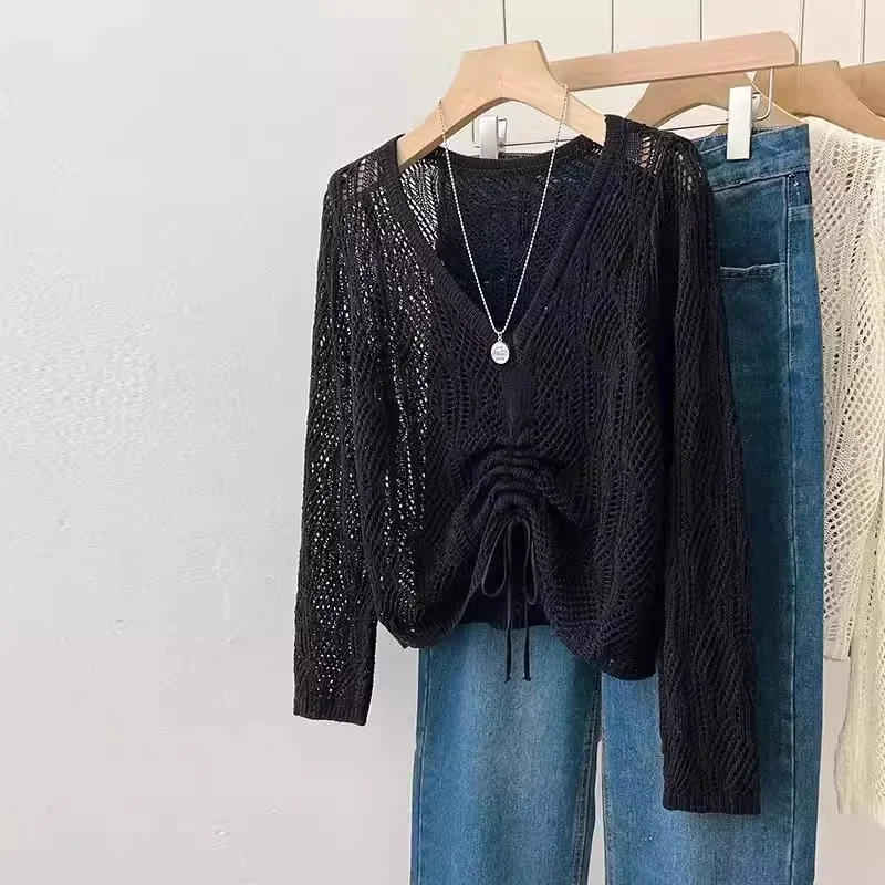 Aushöhlen Pullover Pullover Frühling Sommer 2025, Neue V-ausschnitt Sonnencreme Pullover Für Frauen Lose Elegante Kordelzug Kurze Top