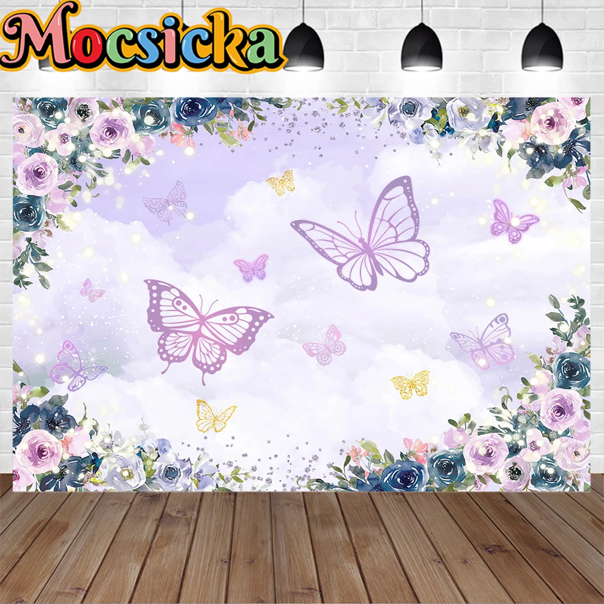 

Purple Fantasy Butterfly Princess Birthday Party Background for Girl Baby Shower Flowers Gold Shiny Decor Backdrop Newborn Photo
