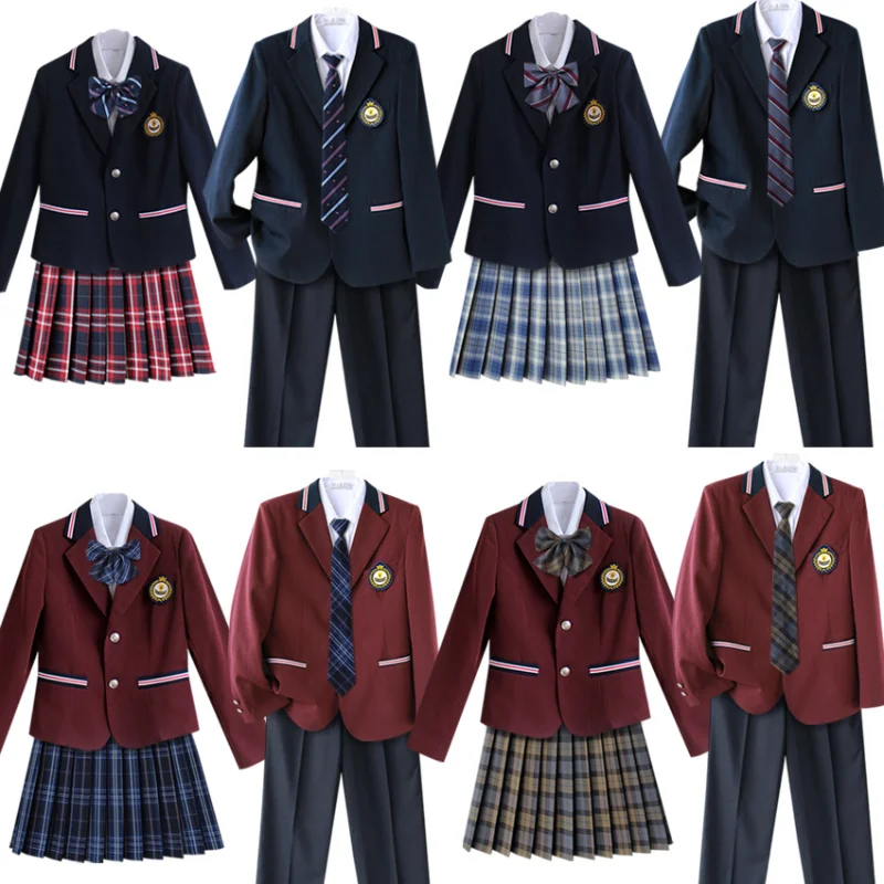 

5PCS Womens Mens Korea British Japan School Uniform Outfits Girls Boys Anime Cosplay Costume Blazer Shirt Tie Badge Plaid Skirt