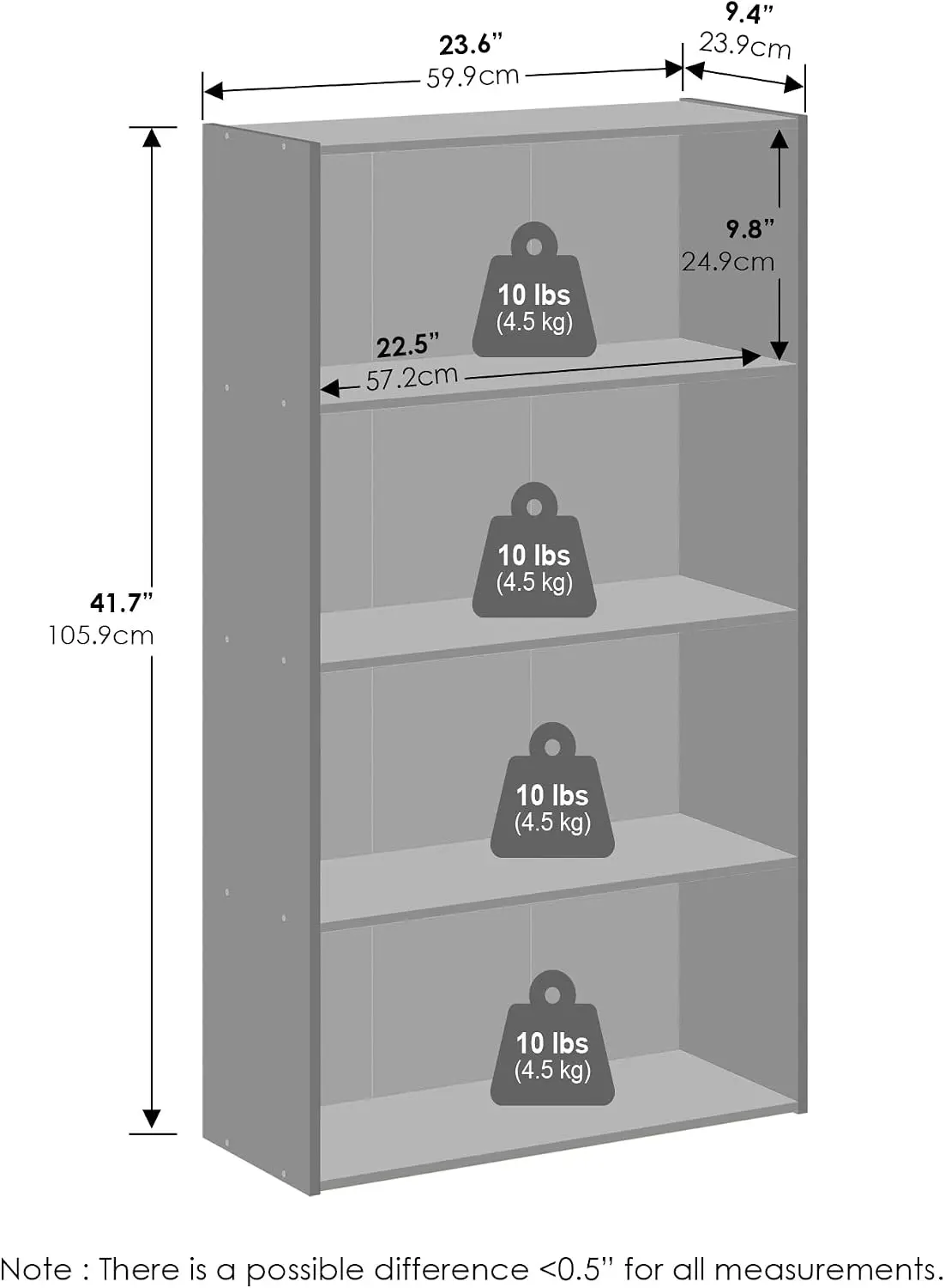 Simple Book Shelf, 4-Tier Bookshelf, Bookcase with Open, 9.4 x 23.6 x 41.7, for Living Room, Bedroom, Home Office, White
