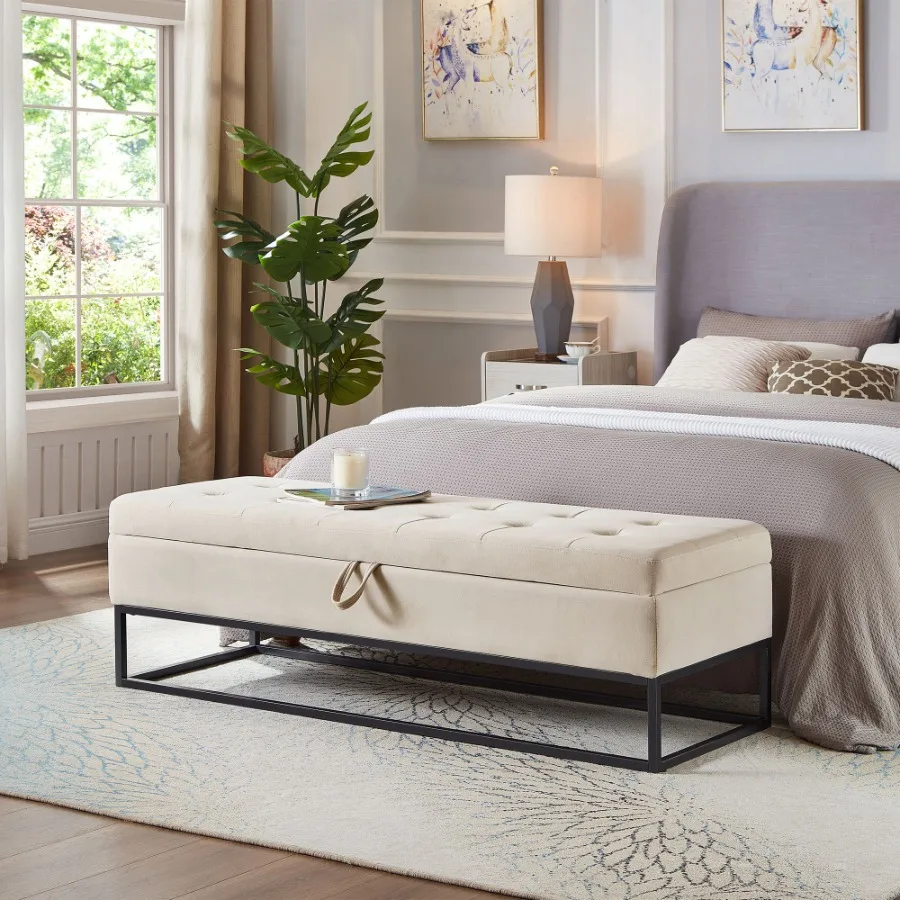 

58.6 Bed Bench Metal Base with Storage Beige Velvet
