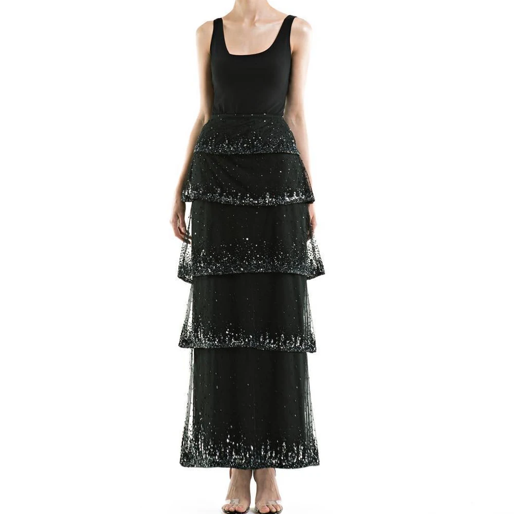 

Elegant Pleats Tiered Crystal Sequined Ankle Length Evening Gowns Luxury A-Line Square Neck Spaghetti Straps Jersey Party Gowns