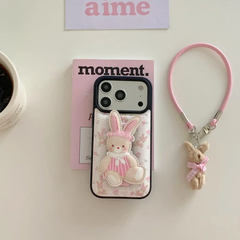 

Cute Rabbit Wrist Strap Phone Case For iPhone 17 Pro 16 15 14 Pro Max Cover with Hand Strap Shockproof Hard Protective Cases Fun