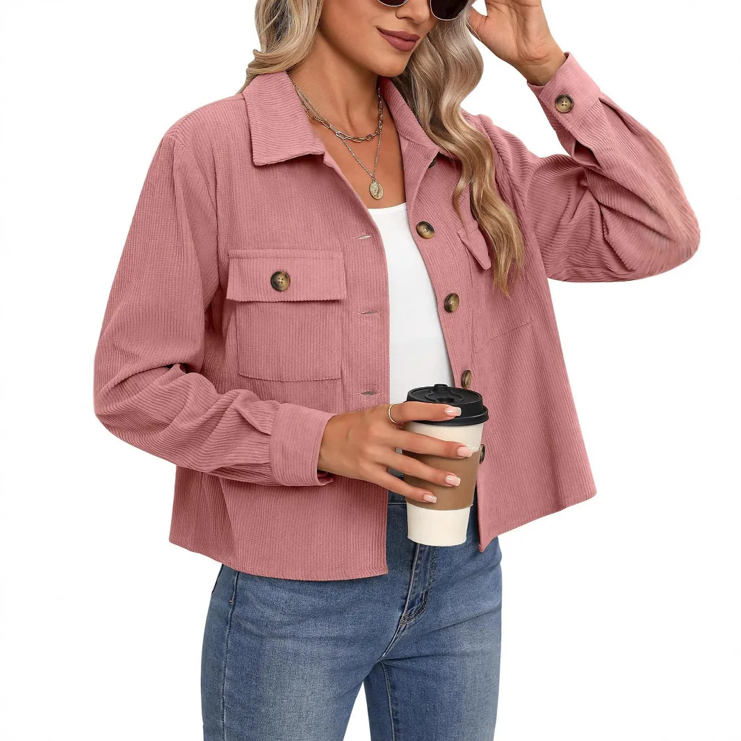 2025 Women's Shirt Jacket Fashion Casual Corduroy Button Cardigan Pocket Coat Corduroy Solid Color Simple Outerwear