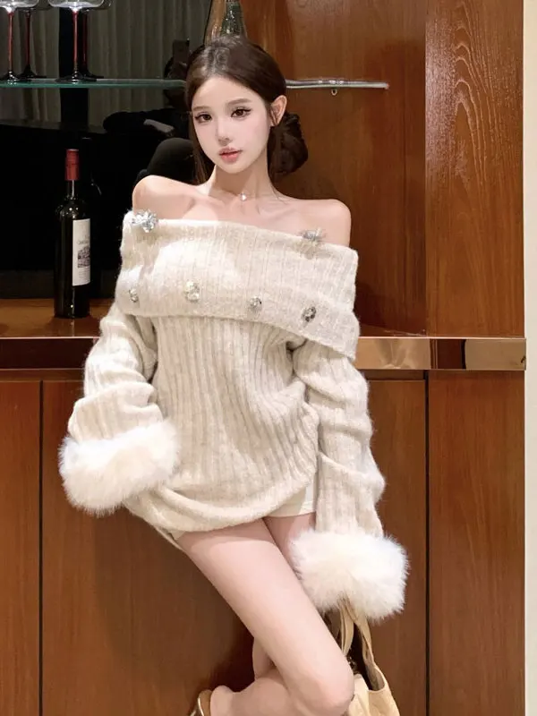 

Корейский свободный свитер на одно плечо, уникальный, неповторимый, элегантный, женственный, весенний, модный, теплый, вязаный топ с длинными рукавами