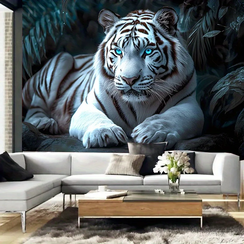 VIKAMA Realistischer Blauäugiger Weißer Tiger Wandteppich Tier-Dschungel-Hintergrund Wanddekoration Wohnzimmer Sofa Schlafzimmer Akzentwand