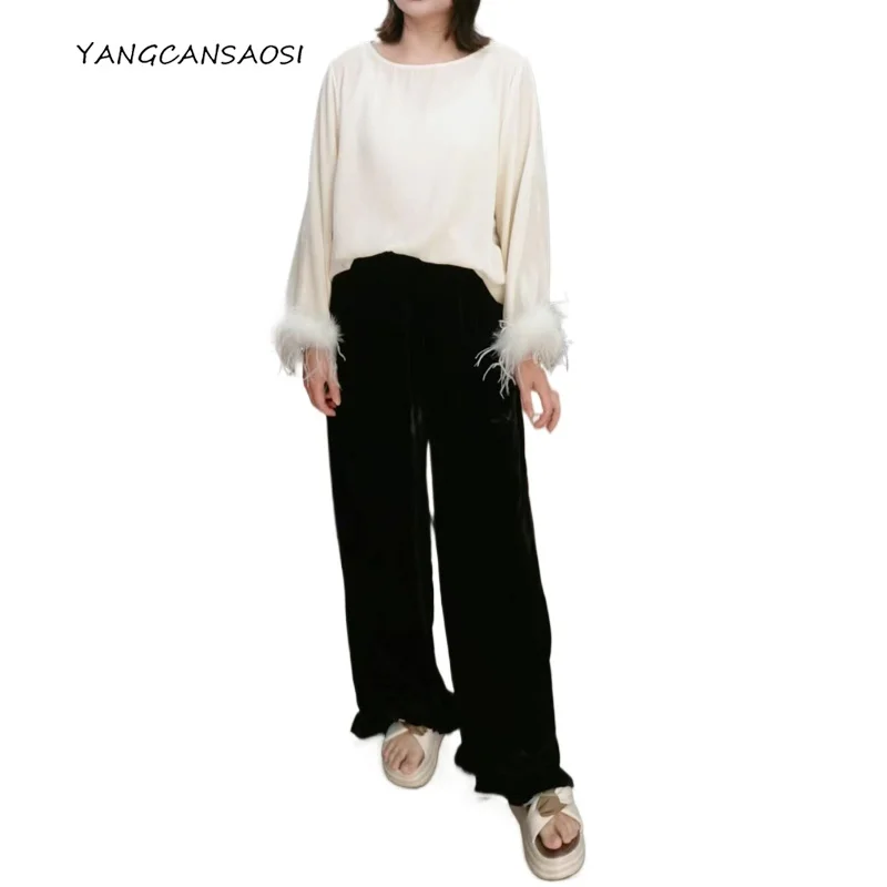 

Classic Black 30% Natural Mulberry Silk Velvet Fungus Edge Elastic High Waisted Pocket Design Women's Casual Straight Leg Pants