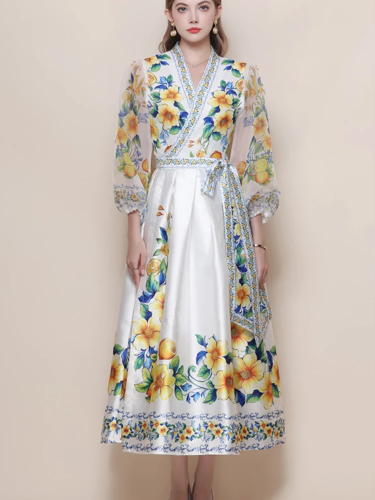 

Ретро-платье с V-образным вырезом, рукавами-фонариками, шнуровкой на талии и принтом, новая модная женская весенняя одежда 2026 года