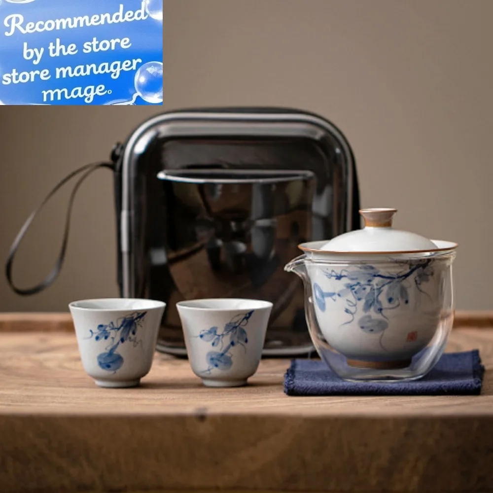 

Hand-painted Blue and White Portable Travel Tea Set Kit Luxury 1 Pot 2 Cups Tea Brewing Kung Fu Tea Set Designer Handbag Gifts