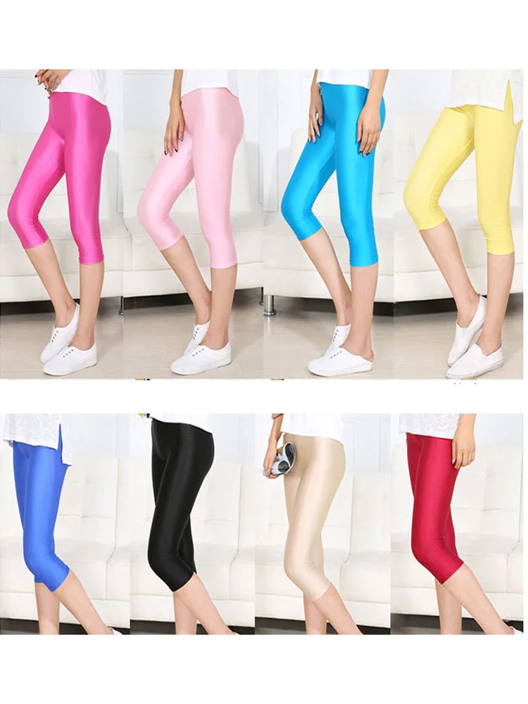 CHSDCSI Neon Leggings Women Sexy Push Up Shine Solid Color Skinny High Stretched Capris Female Leggins