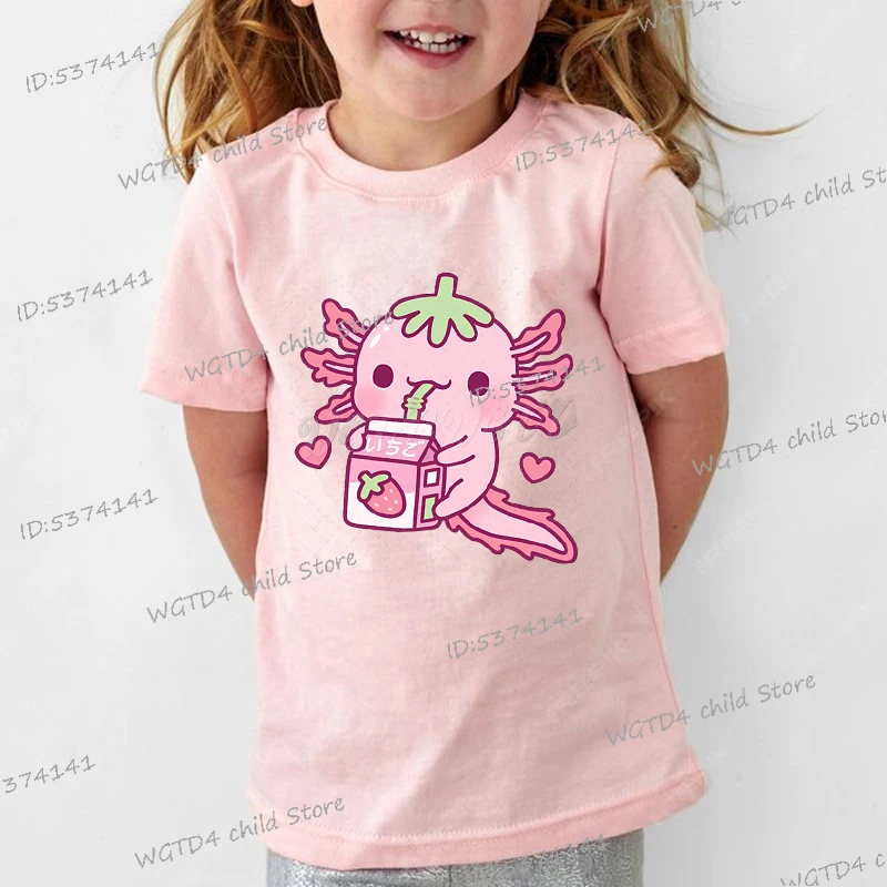 Cute Axolotl Loves Drinking Strawberry Milk Tshirt Girls Boys Kawaii Graphic Y2K Tops Cotton Children's Clothing Cute Tshirt