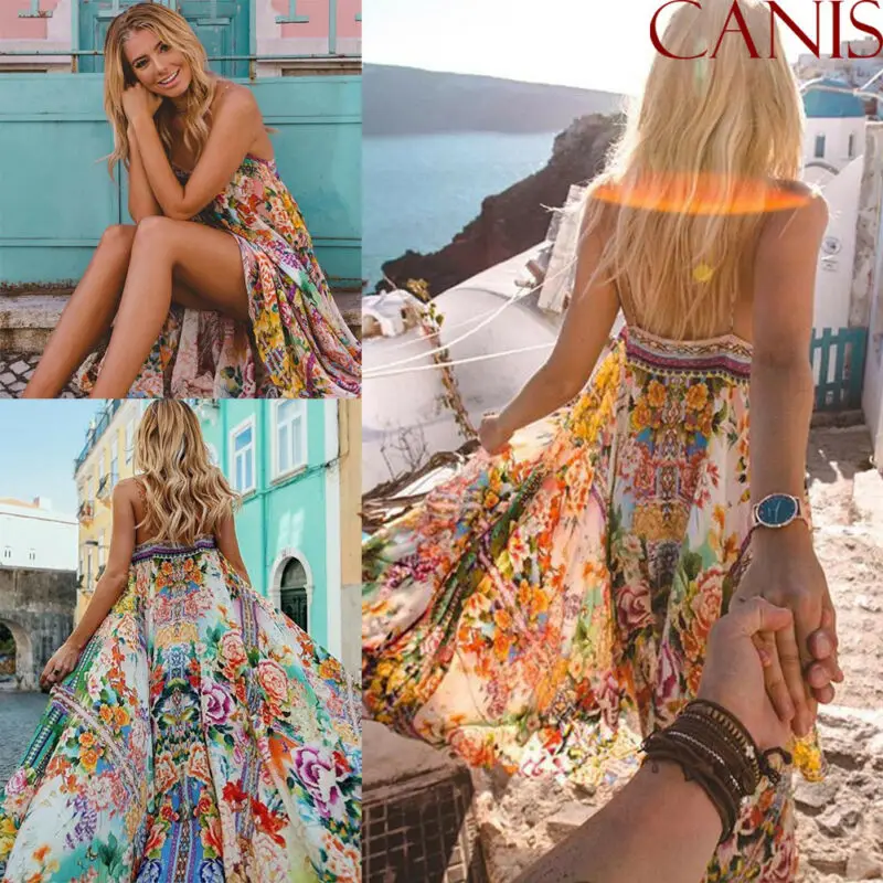 Vrouwen Jurk Mode Cover-Up Zonnejurk Mouwloze Bloemen Slit Lange Party Prom Zomer Strand Maxi Jurk Vrouwen Boho Kleding