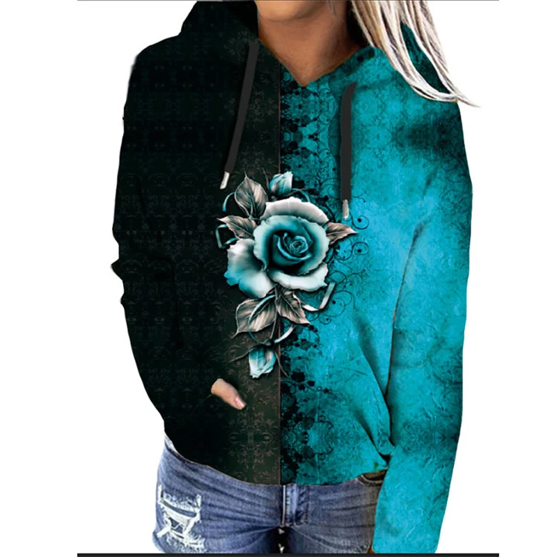 Flower Floral 3D Print Hoodies Women Autumn Streetwear Long Sleeved Hoodie Oversized Pullovers Y2k Sweatshirts Woman Clothing