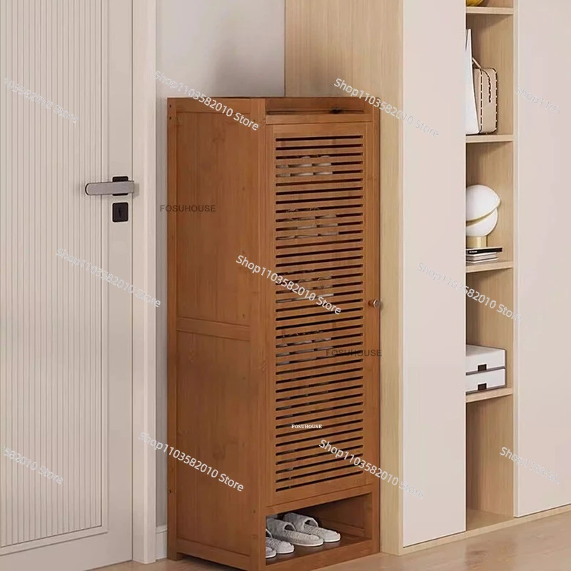 Chinese Retro Bamboo Shoe Cabinet, Entryway Shoe Rack with Door, Designer Living Room Furniture Porch Organizer