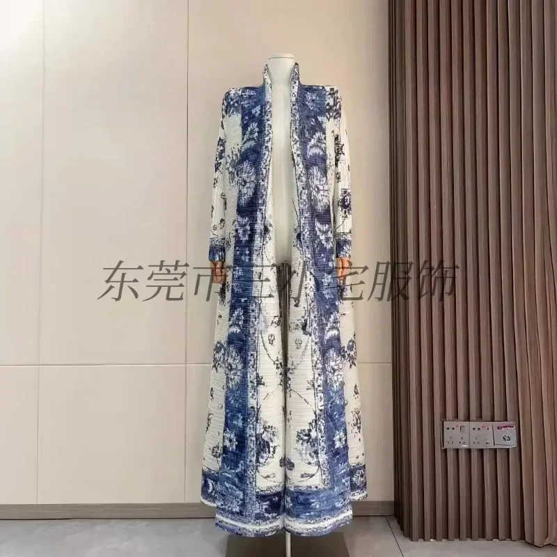 KAF Pleated Women Large Size Trench Coat 2024 Spring Autumn New Vintage Printed Design Long Cardigan Jacket Females Luxury Abaya