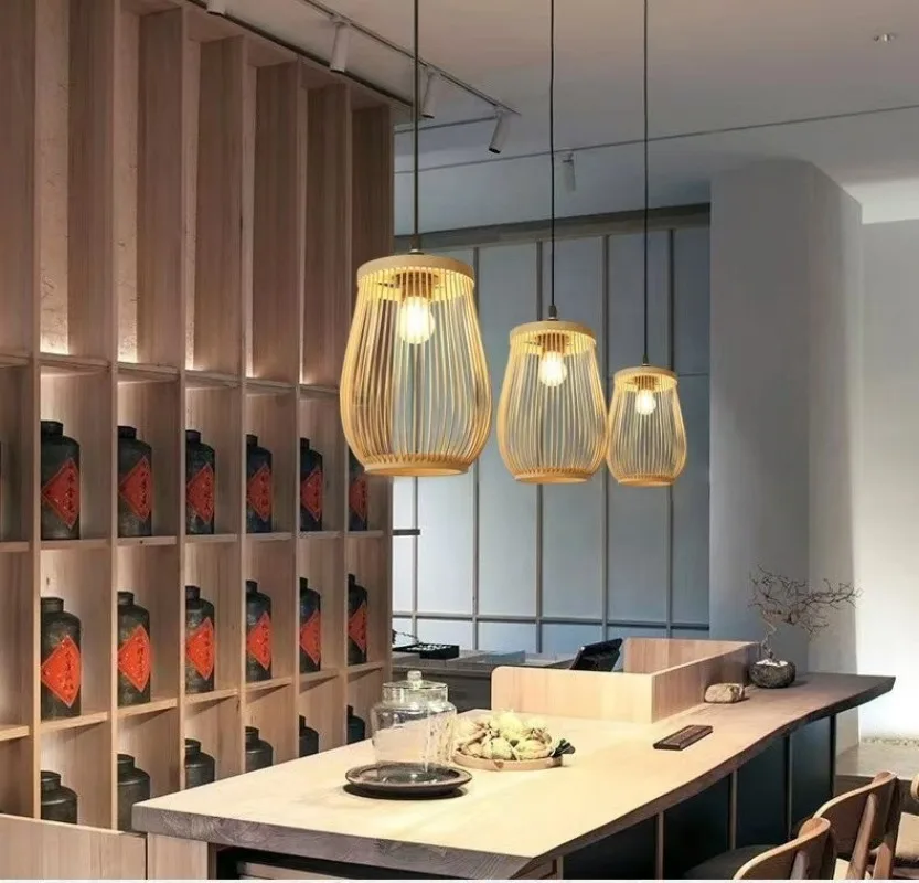 

Rattan Bamboo Lantern Pendant Lamps Natural Retro Restaurant Hanging Light Hand-Woven Bamboo Lampshades E27 Lighting Fixtures