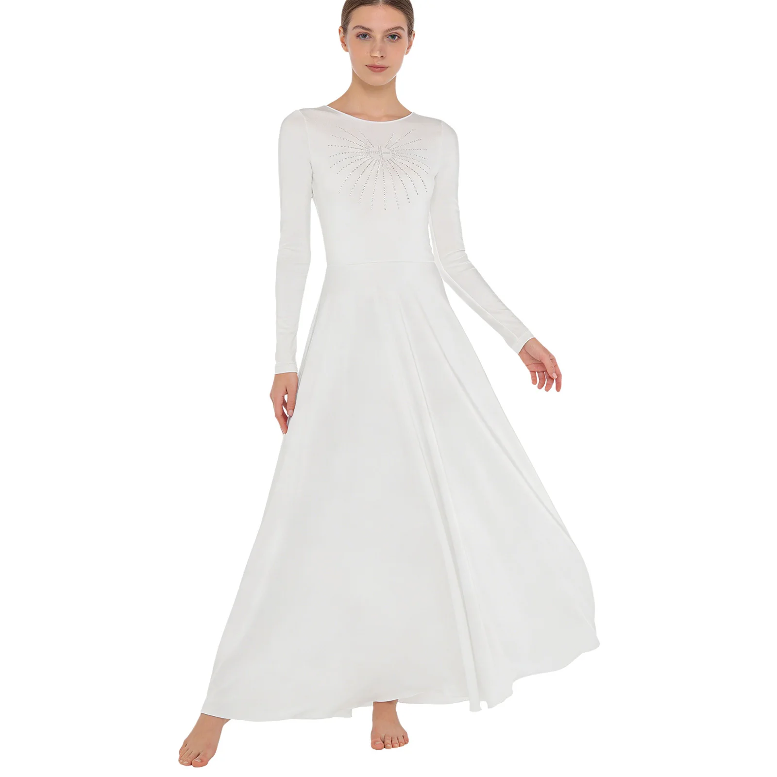 

Женское литургическое платье для танцев и пения, лирическое платье с длинными рукавами, украшенное стразами, туника-макси для церковного хора, молитвенных мероприятий и служб.