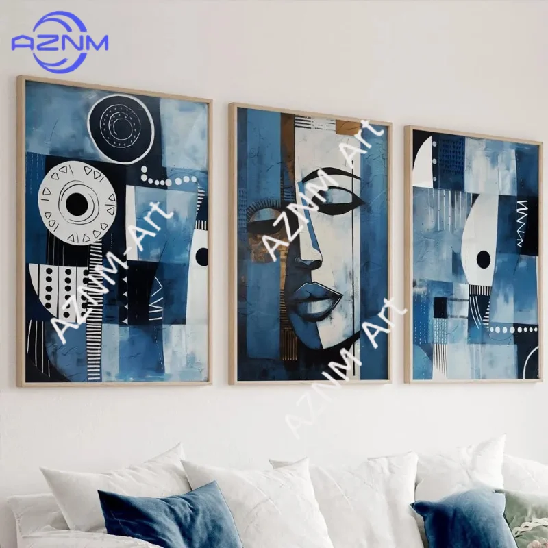 1/3 Stück marineblaue afroamerikanische Kunst. Abstrakte afrikanische Wandkunst, ethnisches Galerie-Wandset. Moderne Kunst, ästhetische Raumgestaltung