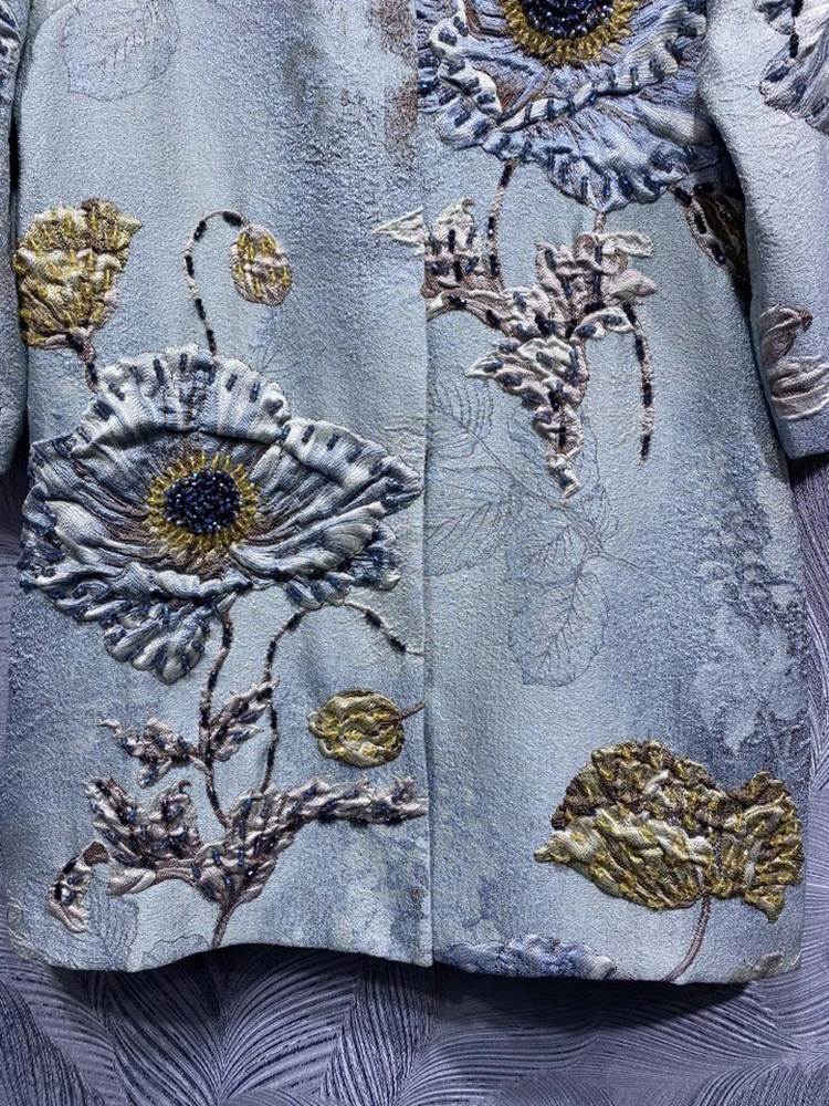 DLDENGHAN Beading Jacquard Coat For Women O-Neck Long Sleeves Covered Button Vintage Outerwear Autumn Winter New