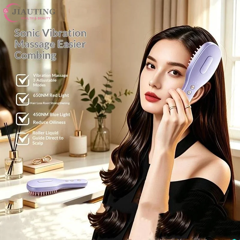 Light Purple Electric Hair Growth Massage Comb Hair Oil Dispenser Red Blue Light Therapy High Frequency Vibration Scalp Massager