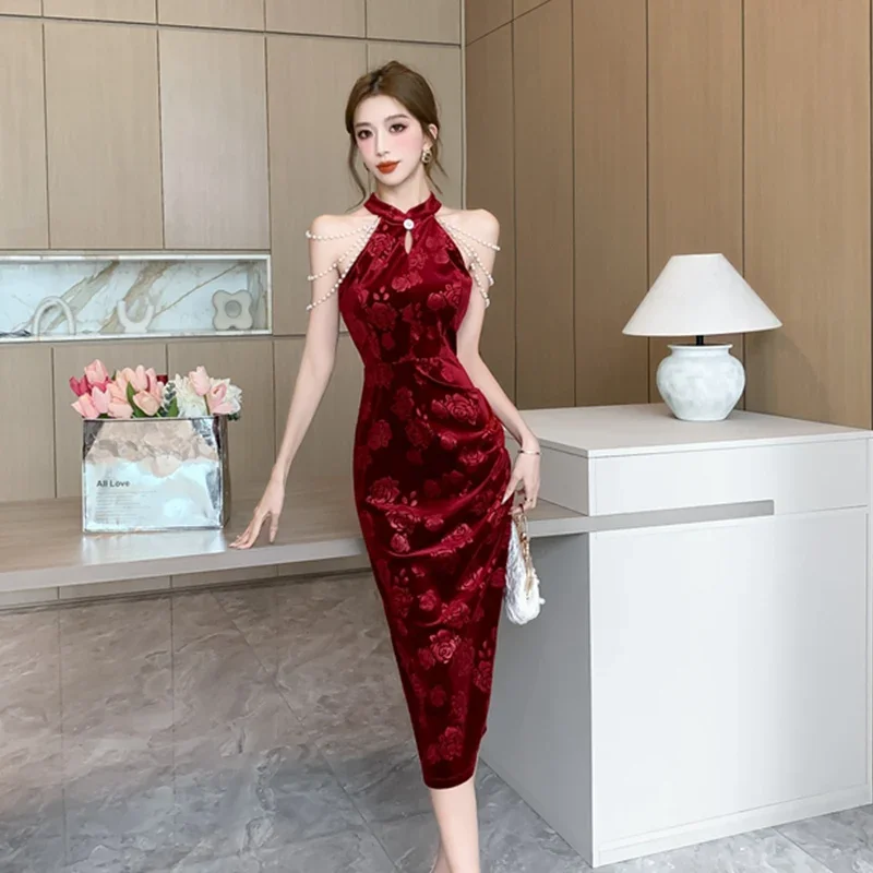 Gaun klub Midi antik untuk wanita gaun Bodycon ramping mutiara Jacquard bunga seksi selutut hitam Burgundy Vestidos De Fiesta