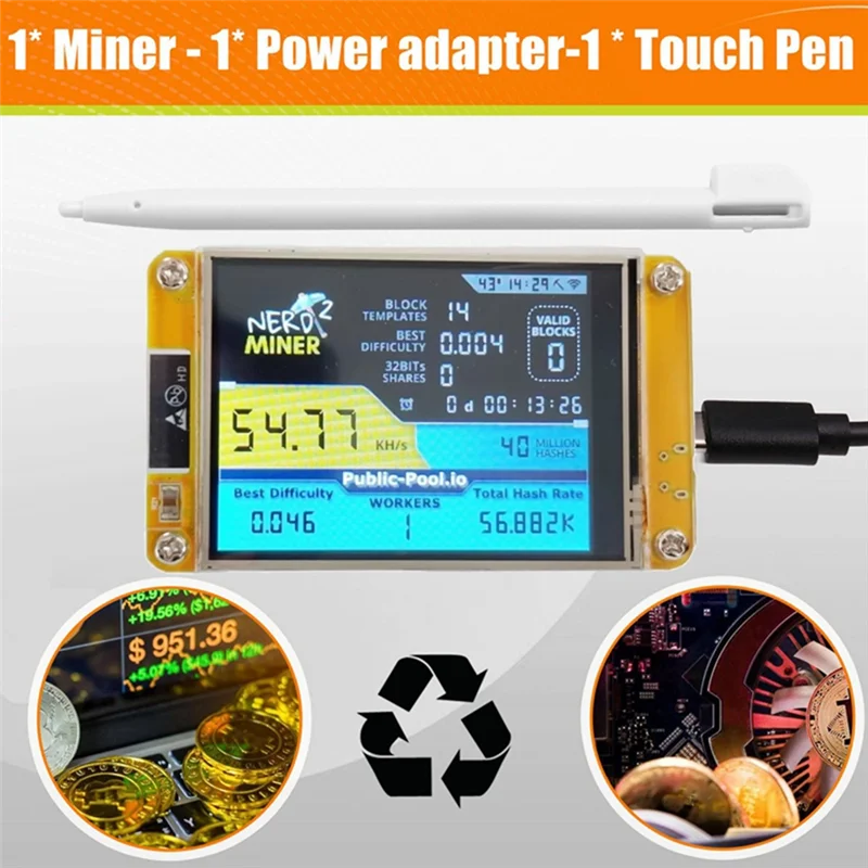 VO-Nerdminer 2 Miner 55-60KH/S 2.8 بوصة عرض BTC Solo Lottery Miner Bitcoin BTC Miner Solo Nerd Miner مع حافظة