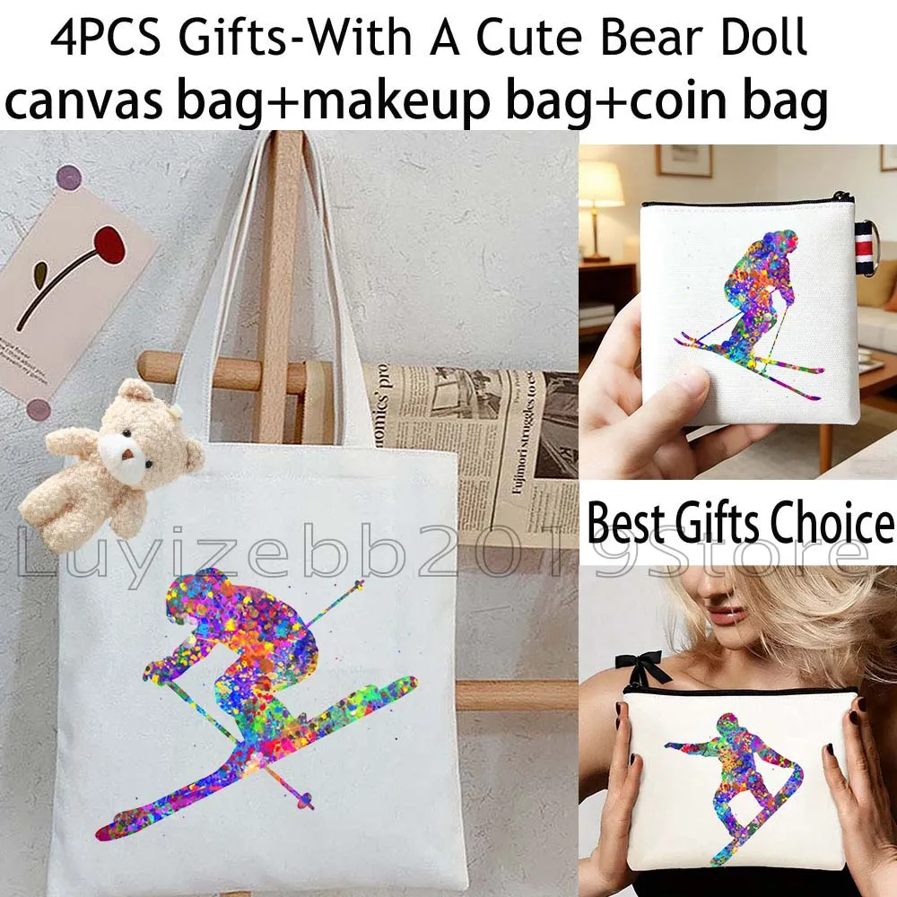 4PCS Gifts White Ski Snowboarder Dancer Ice Skater Girl Shopper Canvas Tote Bag Handbag,Cosmetic Makeup Bag,Coin Purse Wallet