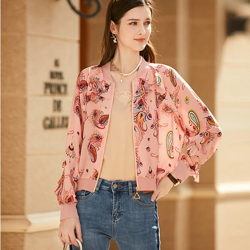 100% Silk Jacket Women Lightweight Fabric Floral Printed Long Sleeves Stand Neck Casual Bomber Coat Style New Fashion