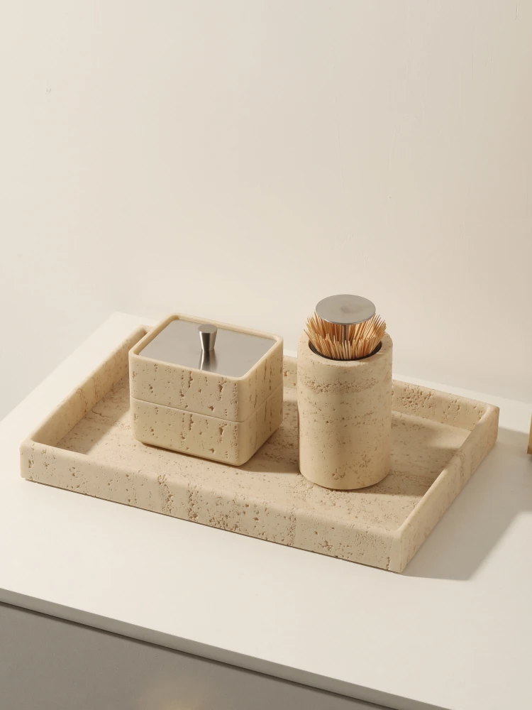 Natural Travertine Bathroom Tray, Stone Vanity Organizer for Toothbrush Cup Rinsing Glass, Waterproof Countertop Decor Set