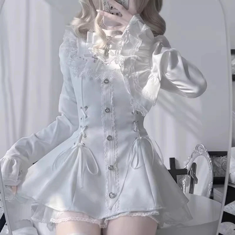 

Dress Outfits Women 2 Piece Sets Flare Sleeve Bow Bandage Lolita Dress High Waist Shorts Suit Roupas Femme Japanese Sweet Set