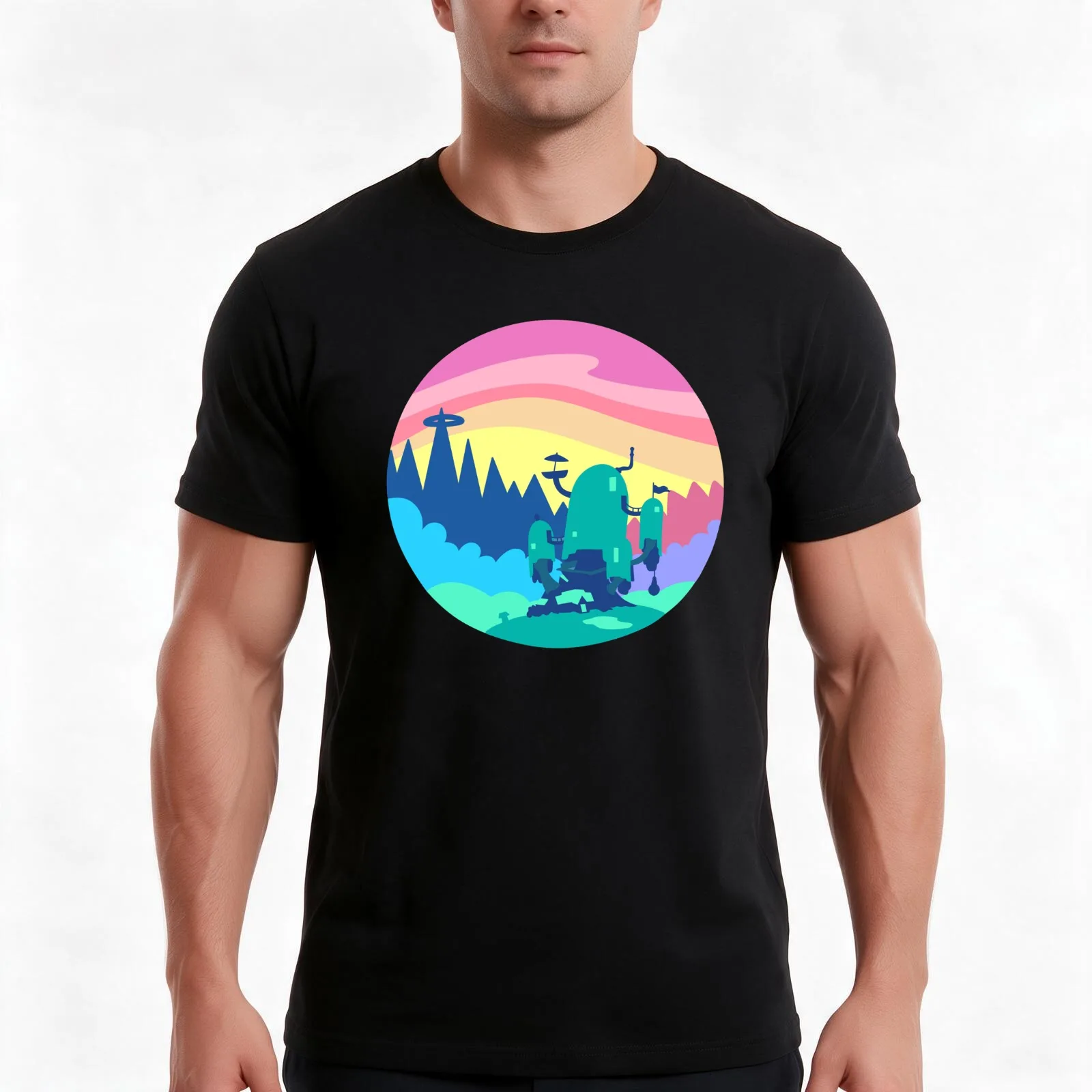 Tree House Vector Landscape T-Shirt, Summer Casual Cotton Tee, Oversized Streetwear Tops, Vintage Graphic Print, 100% Cotton