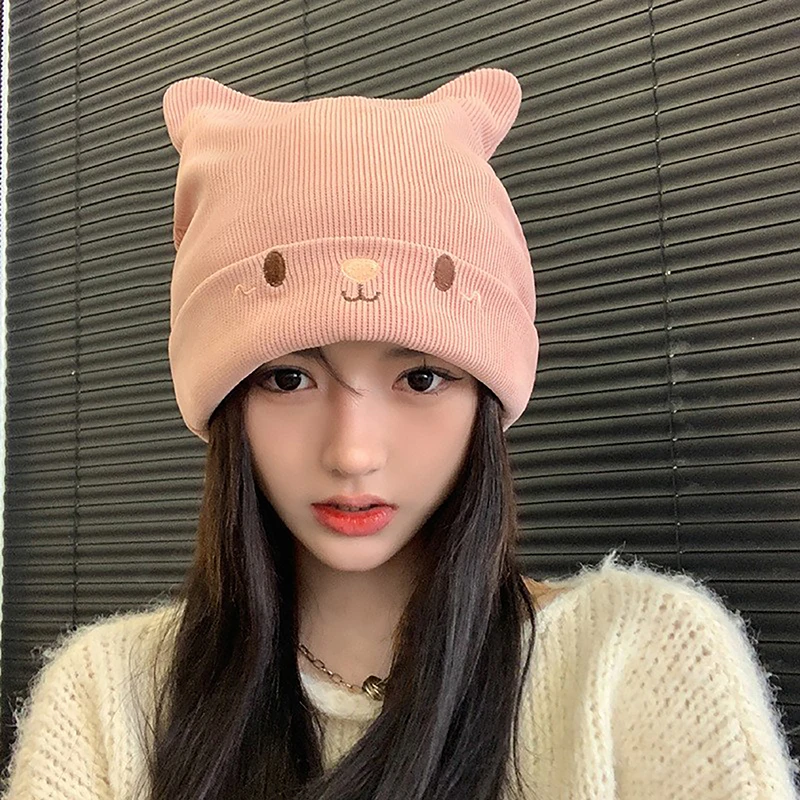 Cute Cat Embroidered Knitted Hat Outdoor Warm Ear Protection Cat Ears Wool Cap Over Head Cold Cap Street Beanies Cap Penny Cap