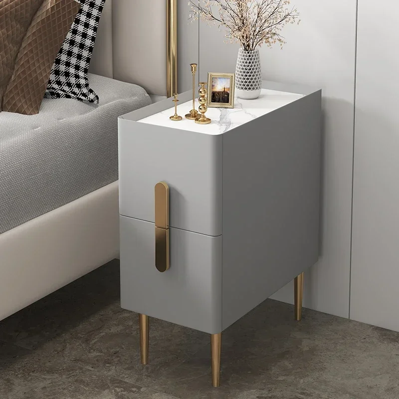 Nordic Style Bedroom Bedside Table Modern Mini Narrow Rock Surface Nightstand Self-Contained 2 Drawers Wooden Bedroom Tables