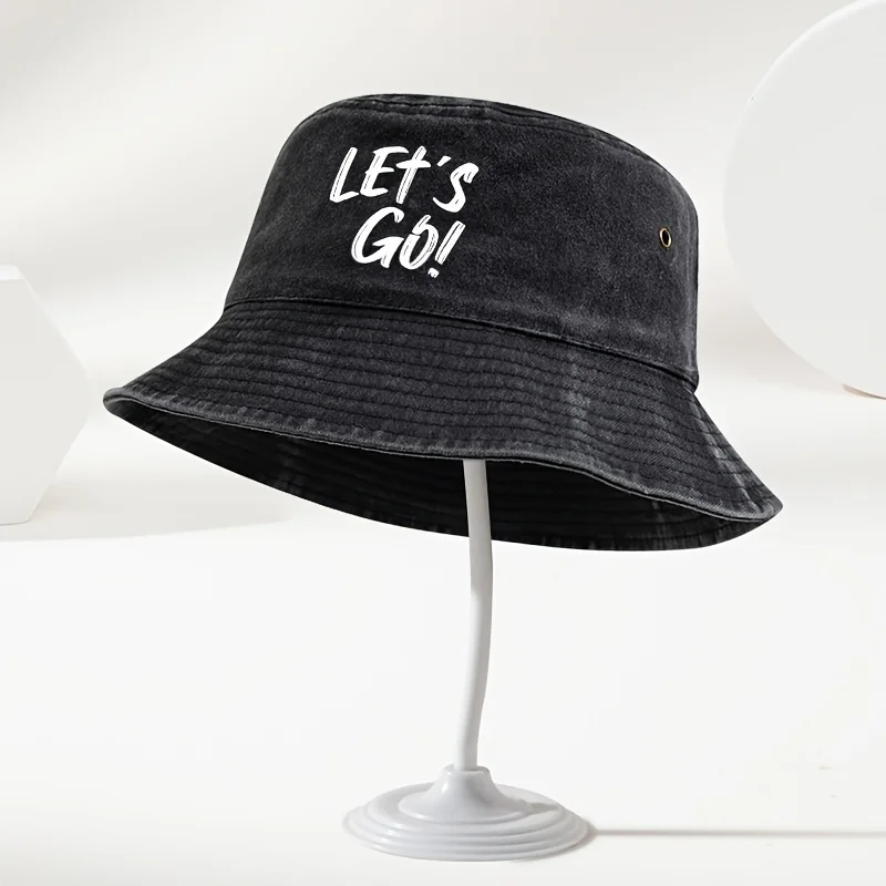 Vielseitiger Unisex-Fischerhut mit „LET'S GO“-Aufdruck, leichter Outdoor-Bucket-Hat, Trucker-Cap, geeignet für Outdoor-Aktivitäten.