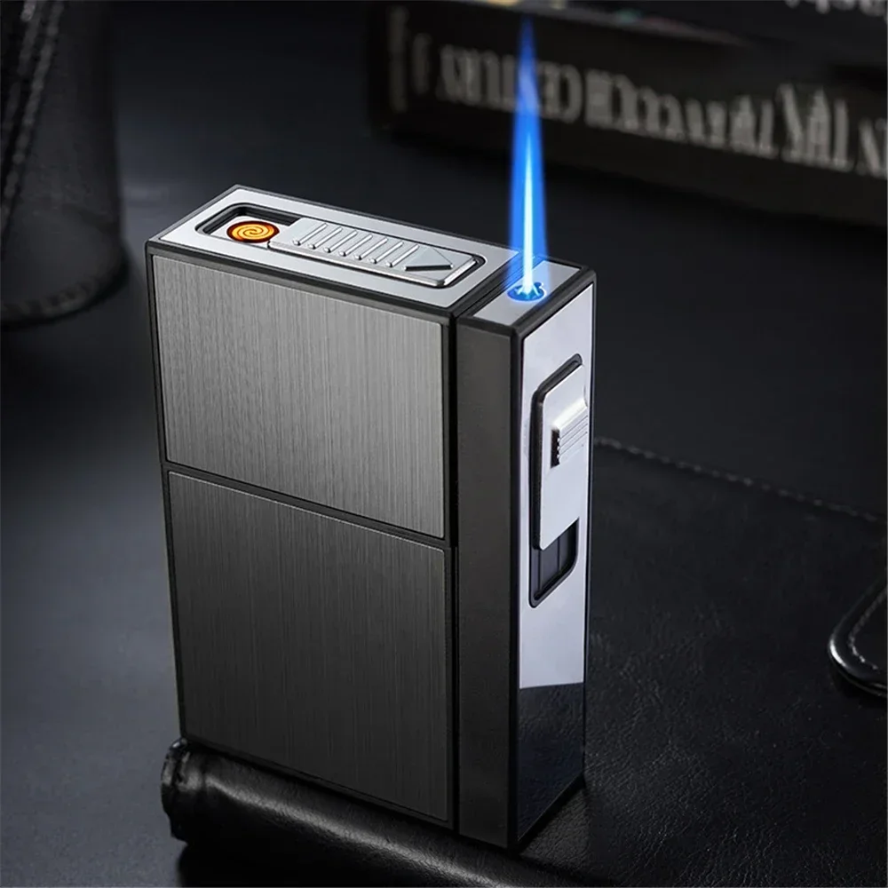 2024 Can Hold 20 Metal Cigarette Case USB Lighter Windproof Jet Rechargeable Gas Lighter Men\'s Gadget Smoke Accesoires