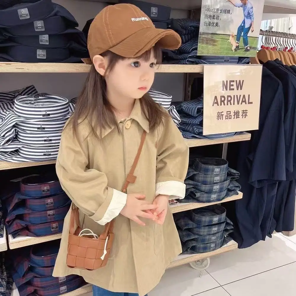 

Girls' Japanese and Korean Trench Coat 2025 New Style Boys' and Girls' Single Breasted Khaki Small Lapel Jacket Trendy 90-140CM