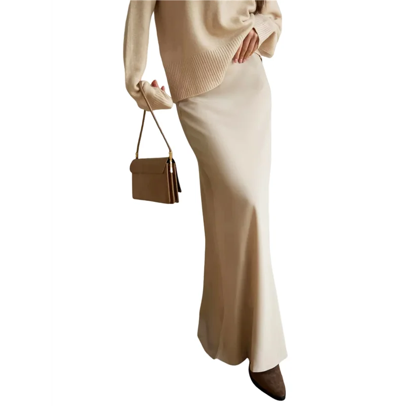 AOAO-jupes longues taille haute en satin pour femmes, jupe longue trapèze zippée