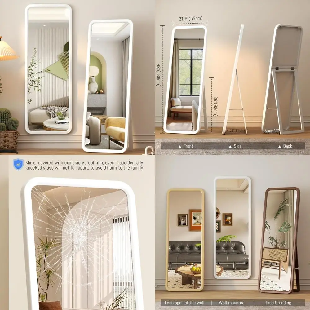 大型無垢材全身鏡、スタンド付き、自立式/壁掛け両用、木製フレーム付き大型ボディミラー、63x22インチ