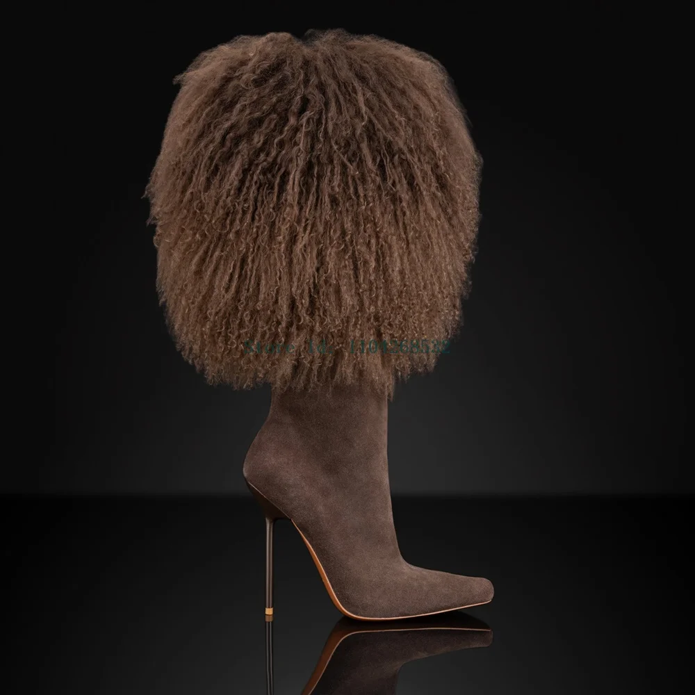 Chocolate Fur Suede Knee High Boots Sexy Pointed Toe Sitletto Solid Slip On New Arrivals Fashion Lady Modern Boots