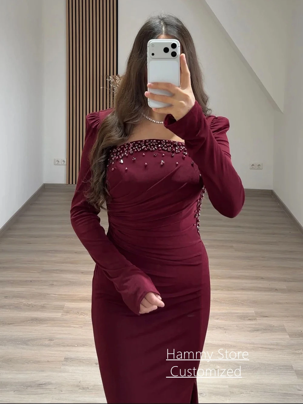 Customized Prom Dress Fashion Long Sleeves Beading Stone Sweep Train Side Slit Mermaid Party Gown Special Occasion Dresses