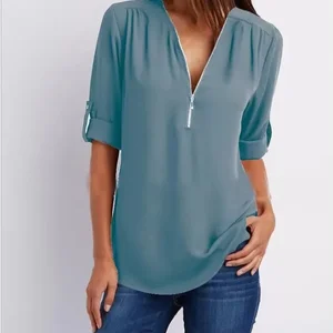 Deep weibliche Bluse mit Kragen V, weibliche Tops, sexy Pulstil mit Reißverschluss, lässige Mode, cooles lose Hemd, Plus Größe, heißer Verkauf, 2024 12 Hauptverkaufsbluse Reißverschluss - №1