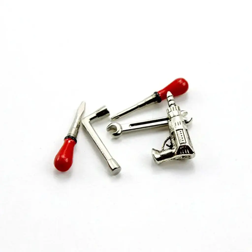 1:12 Dollhouse Miniature 4-Piece Tool Set-Realistic Drill &Wrench Model, Mini Household Tool Kit, Dollhouse Life Scene Accessory