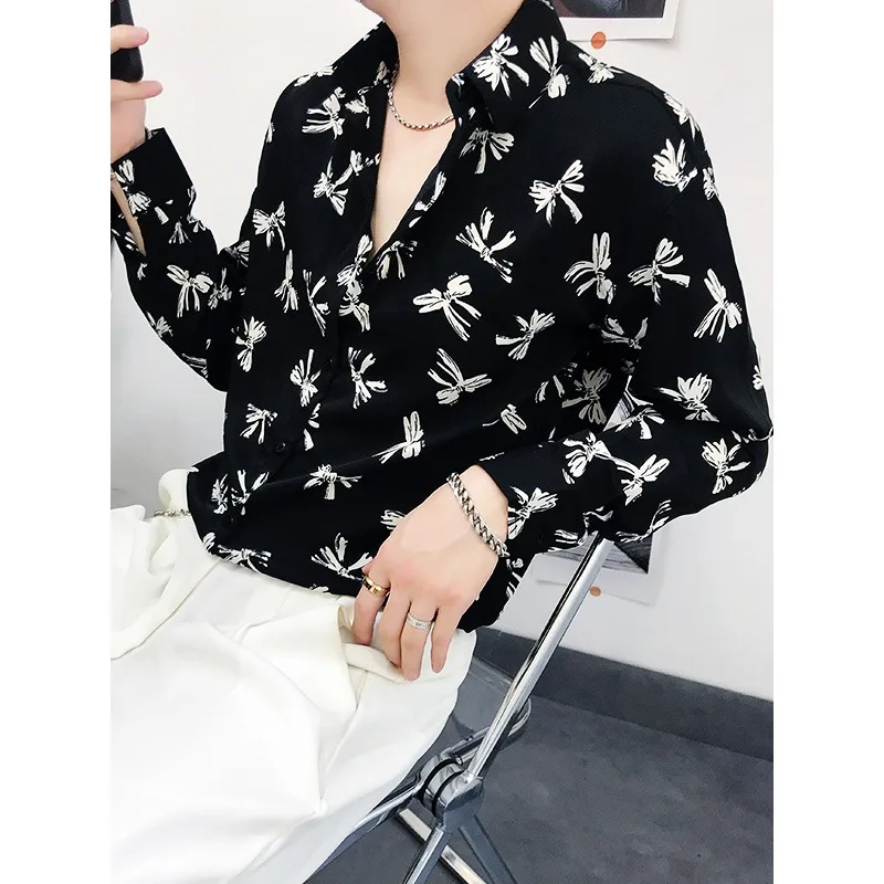 

Мужская свободная длинная рубашка из шифона с цветочным принтом, осенняя, повседневная, удобная, дышащая, с завязками