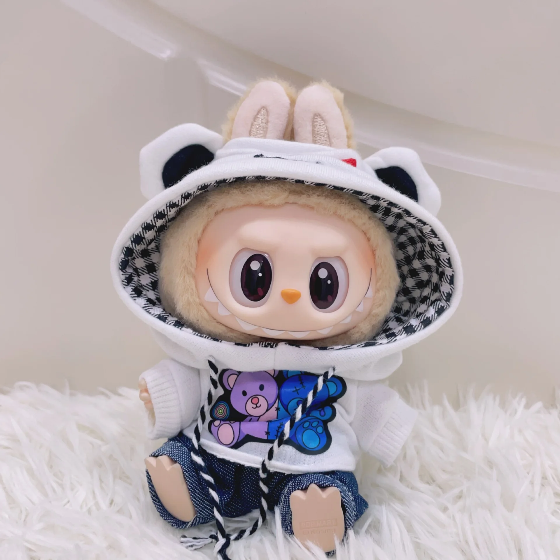 Labubu roupas de boneca urso com capuz moletom terno 17cm roupas de boneca de pelúcia substituição labubu i ii idol boneca sentado festa