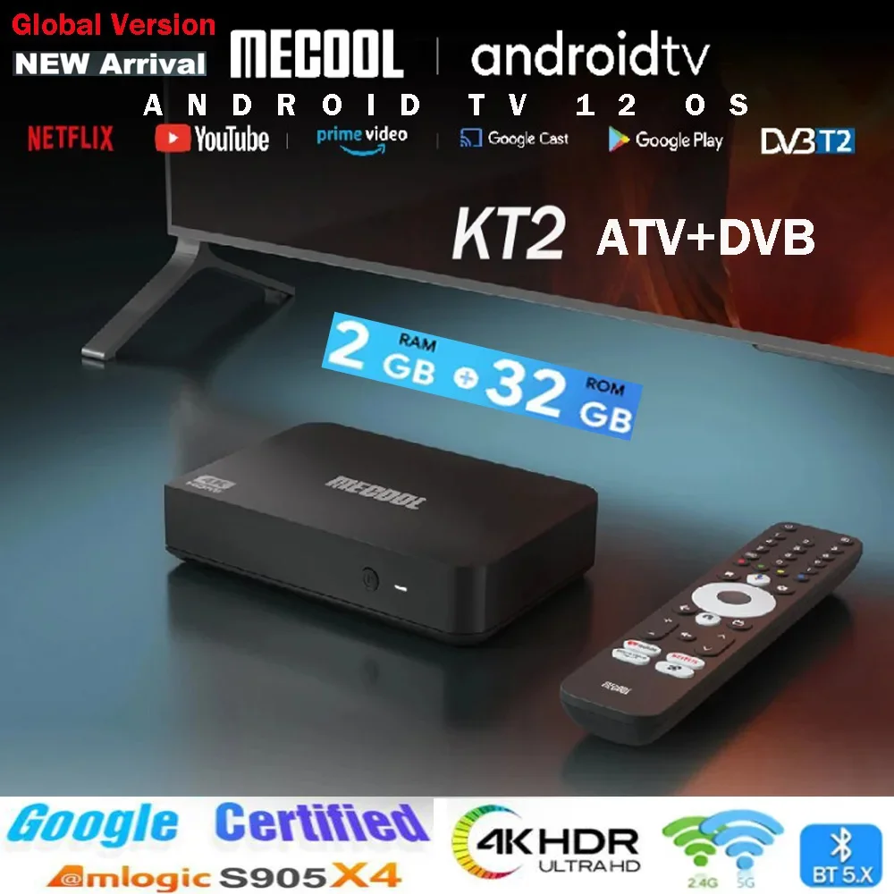 [Genuine] Newest MECOOL KT2 DVB-T2 TV Box Best Android12 Smart TV Box Google Netflix Certified ATV 100M 4K WIFI 2.4G/5G 2T2R DVB