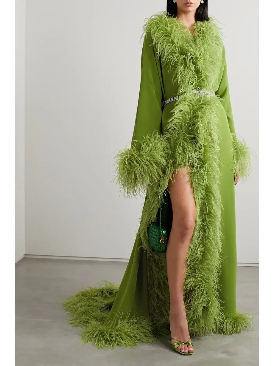 

Feather Women Wedding Prom Dress For Photo Shoot V Neck Full Sleeves Bridal Morning Robe Customized Luxury Long Party Gown