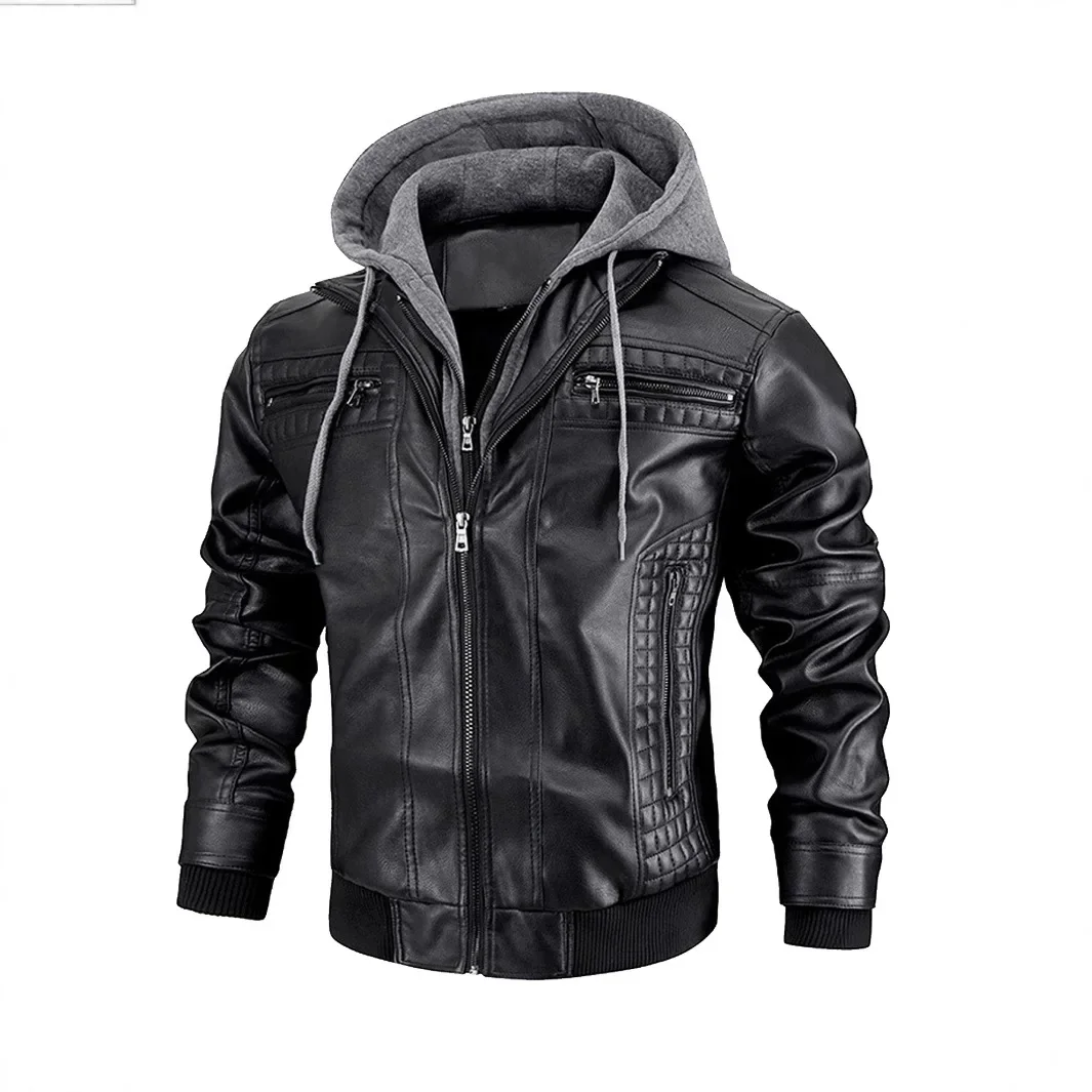 

High Quality Male Street Moto Style Leather Jackets New Blazers Men's Casual PU Leather Jacket Hooded Windproof Leather Jackets