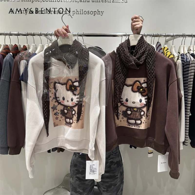 

2025 Autumn Winter New Women's Short Coat Hoodies Loose Cartoon Long Sleeves Pullover European Style Crew Neck Sweatshirt Jacket