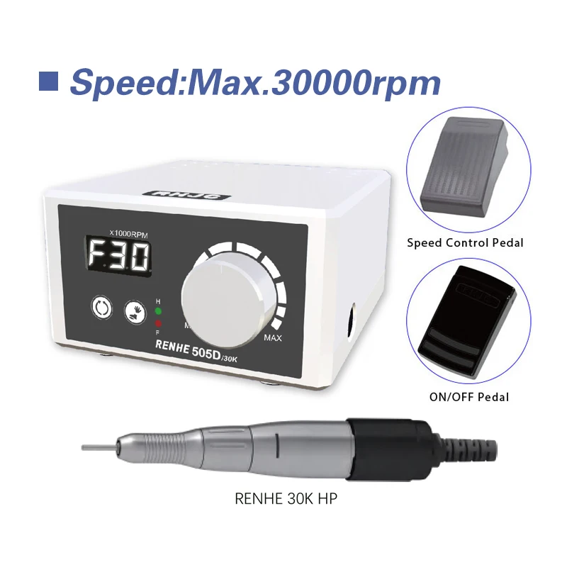 RHJC RENHE 505D 30000RPM Carbon Brush Nail Drill Micro Motor LCD Digital Display Jewelers Micromotor Handpiece Set